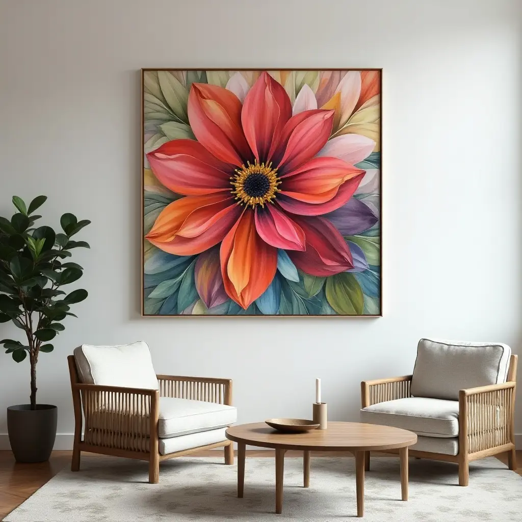 Colorful floral painting on wall above cozy seating area with natural decor.