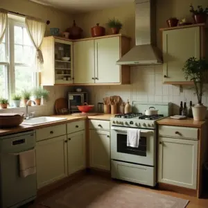 Cozy kitchen with light green cabinetry and vintage appliances. Potted plants add a touch of greenery.