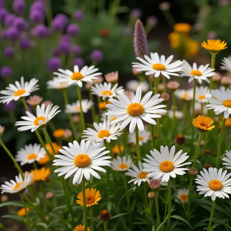 A vibrant garden filled with white daisies and yellow flowers.