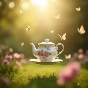 A floral teapot floating in sunlight with butterflies and flowers around it.