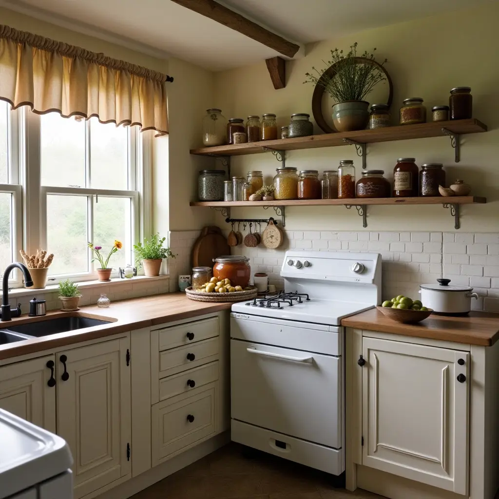 Cozy kitchen with white cabinetry, open shelves, and jars of preserves. Bright, natural light filters through the window.