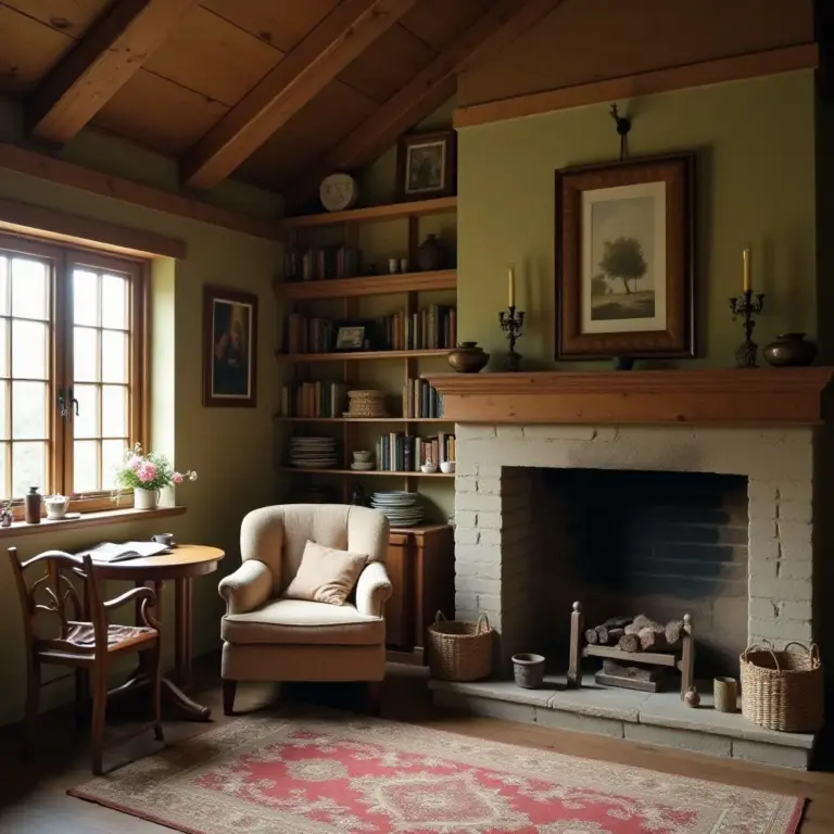 Cozy interior featuring a chair, fireplace, bookshelves, and warm lighting.