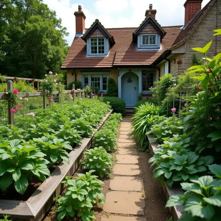 Charming cottage surrounded by lush greenery and vibrant flowers. Pathway leads to the welcoming front door.