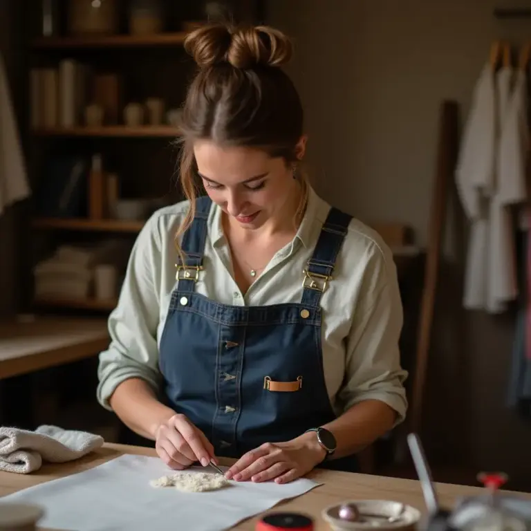 Young woman in overalls focused on crafting at a cozy table.