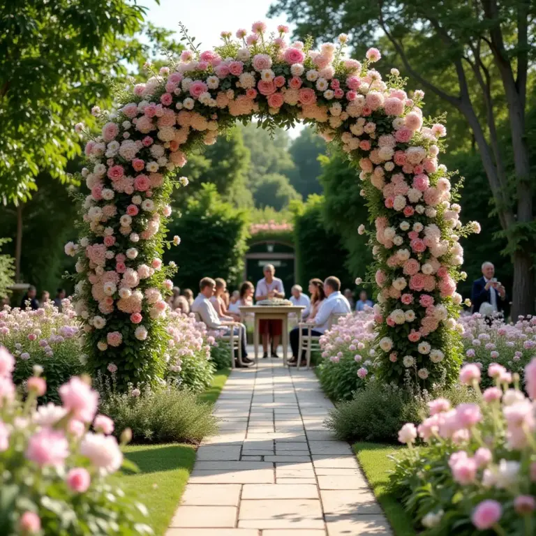 A floral archway leads to a dining area surrounded by blooming flowers.