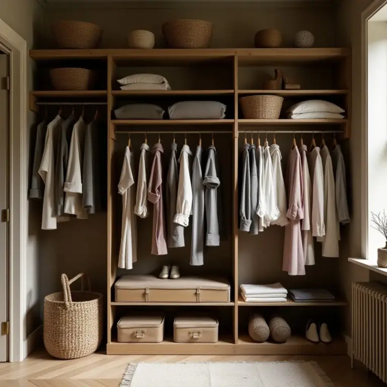 Minimalist closet organizer with neatly hung clothes and woven baskets.