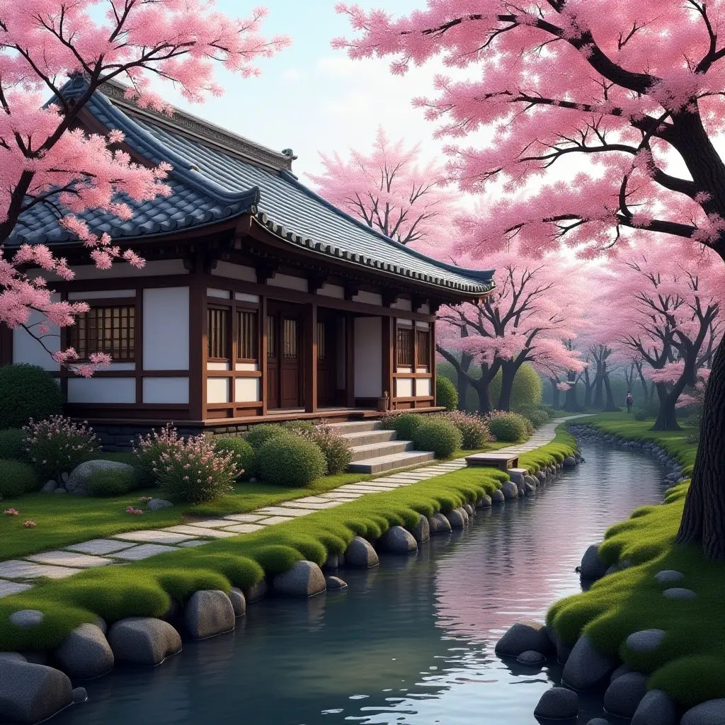 Traditional Japanese cottage surrounded by cherry blossoms