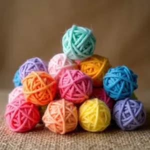 Colorful yarn balls piled on a textured surface, showcasing various pastel shades.