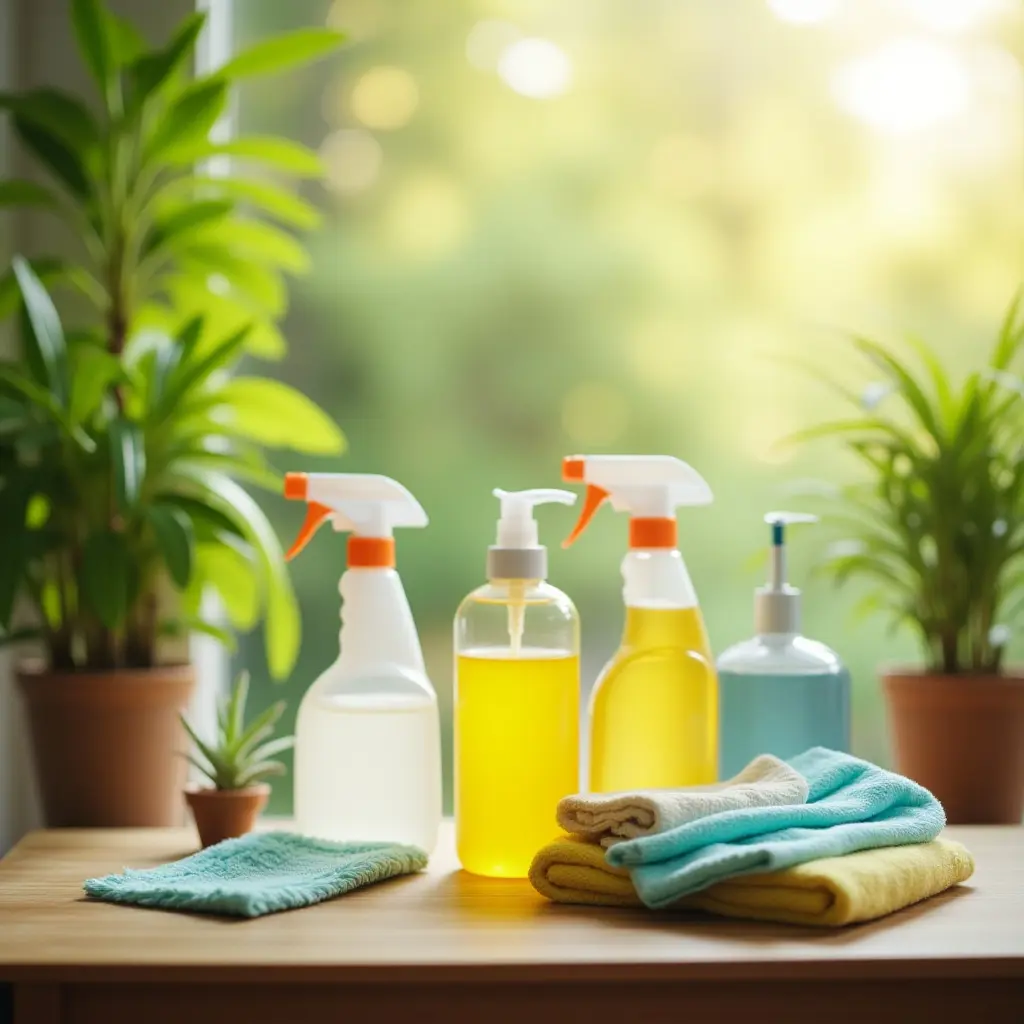 Bottles of cleaning supplies and cloths near green plants on a wooden table. Natural light in the background.