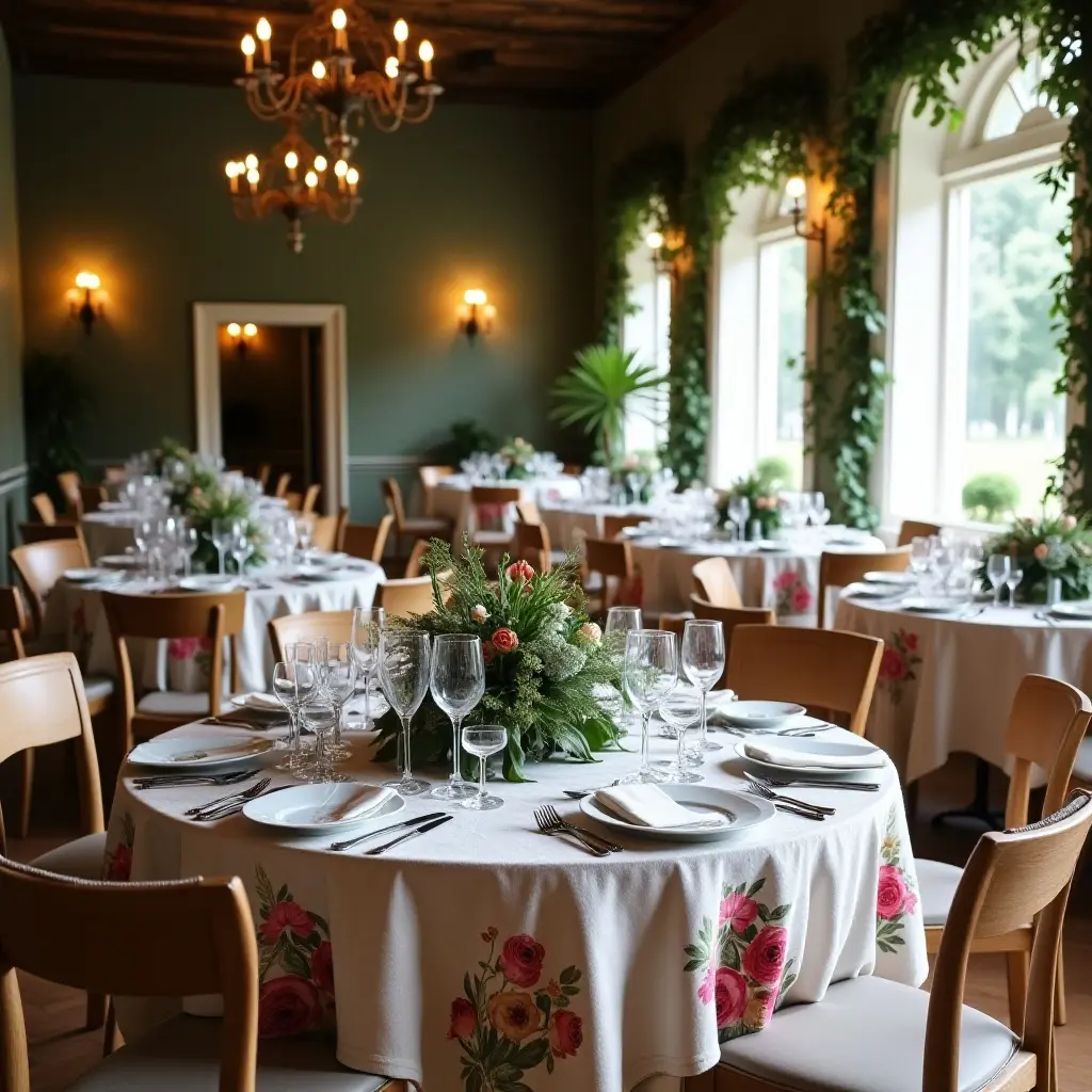 Elegant dining room with floral tablecloths and centerpieces, set for an event.