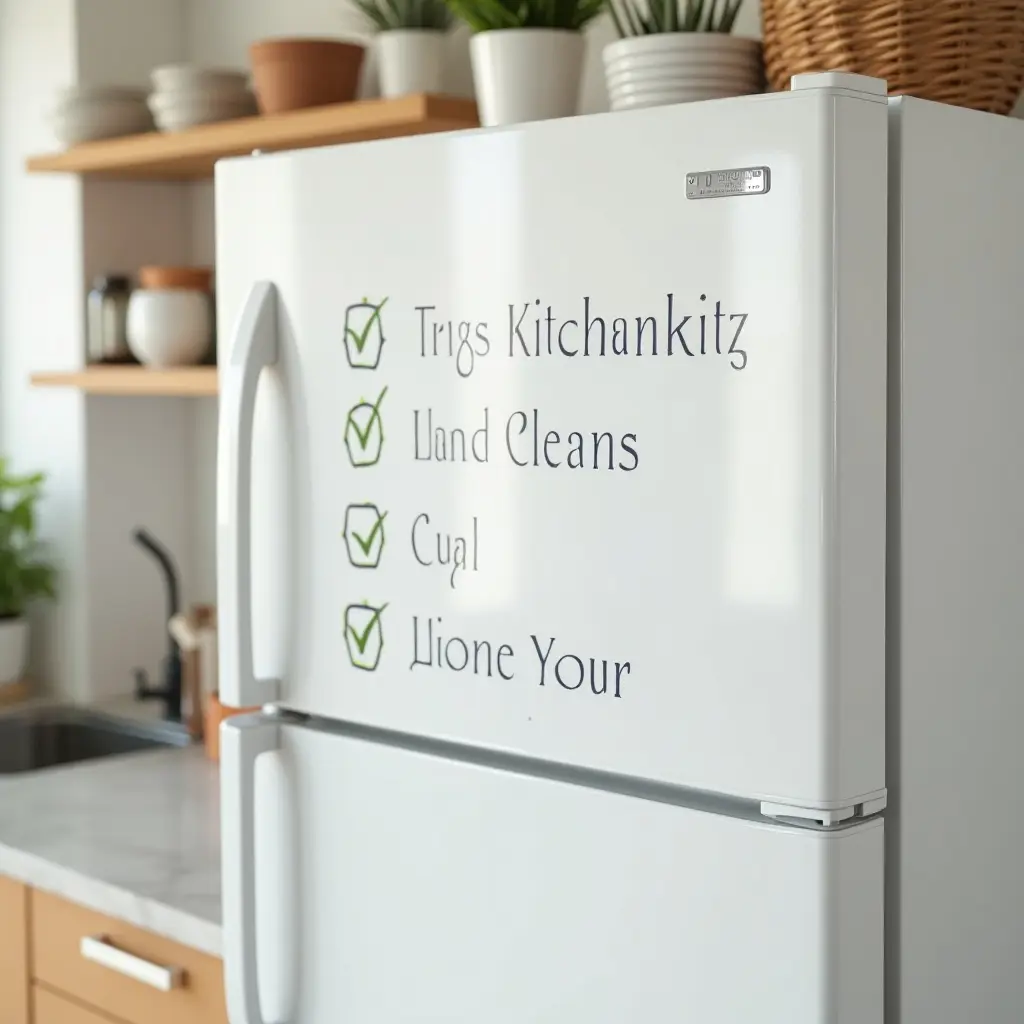 Fridge with checklists and text for kitchen tasks. Modern kitchen setting with plants and wooden shelves.