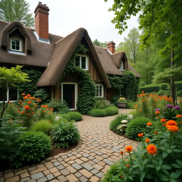 Charming cottage with a thatched roof surrounded by vibrant flowers and lush greenery.