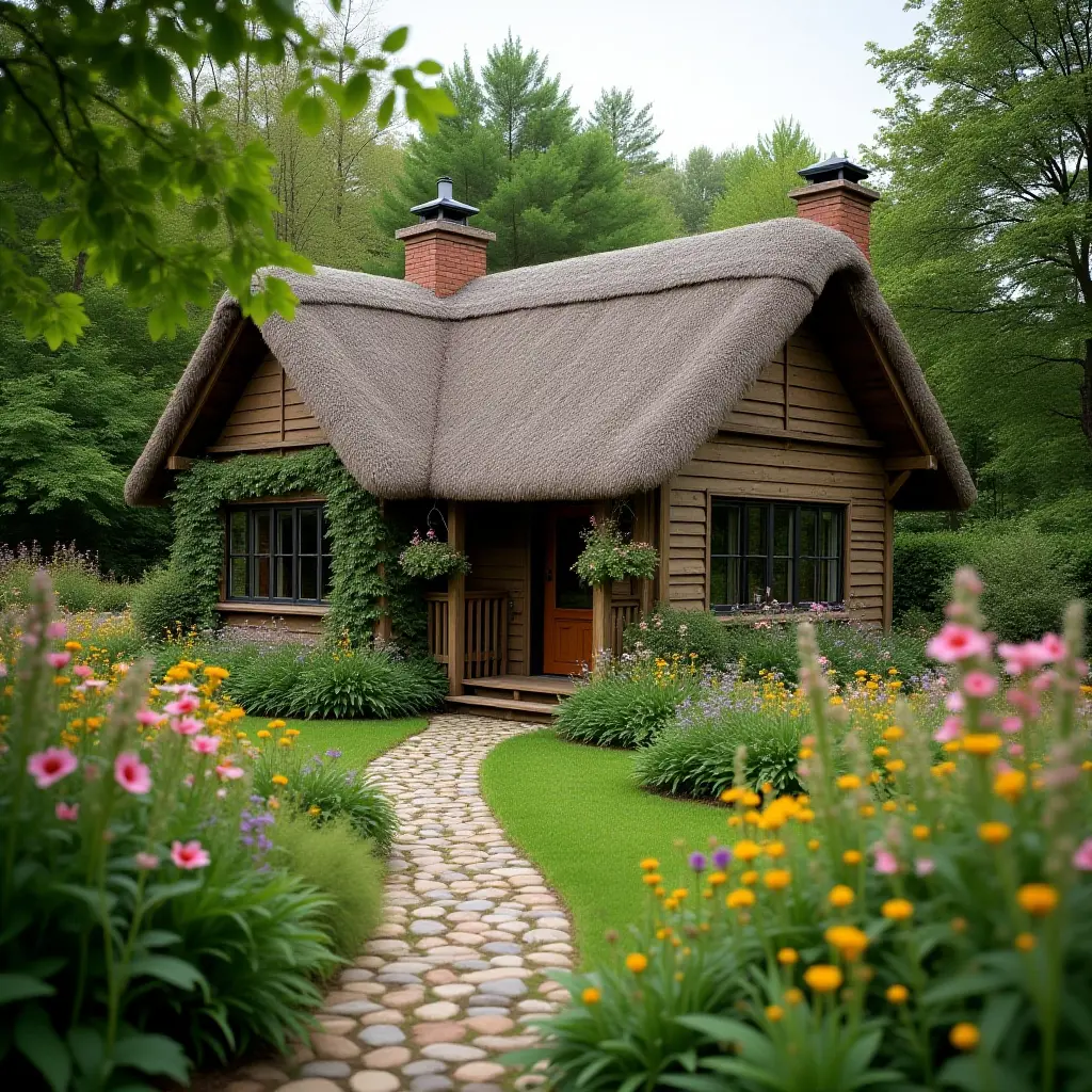 Charming thatched cottage surrounded by vibrant flowers and lush greenery.