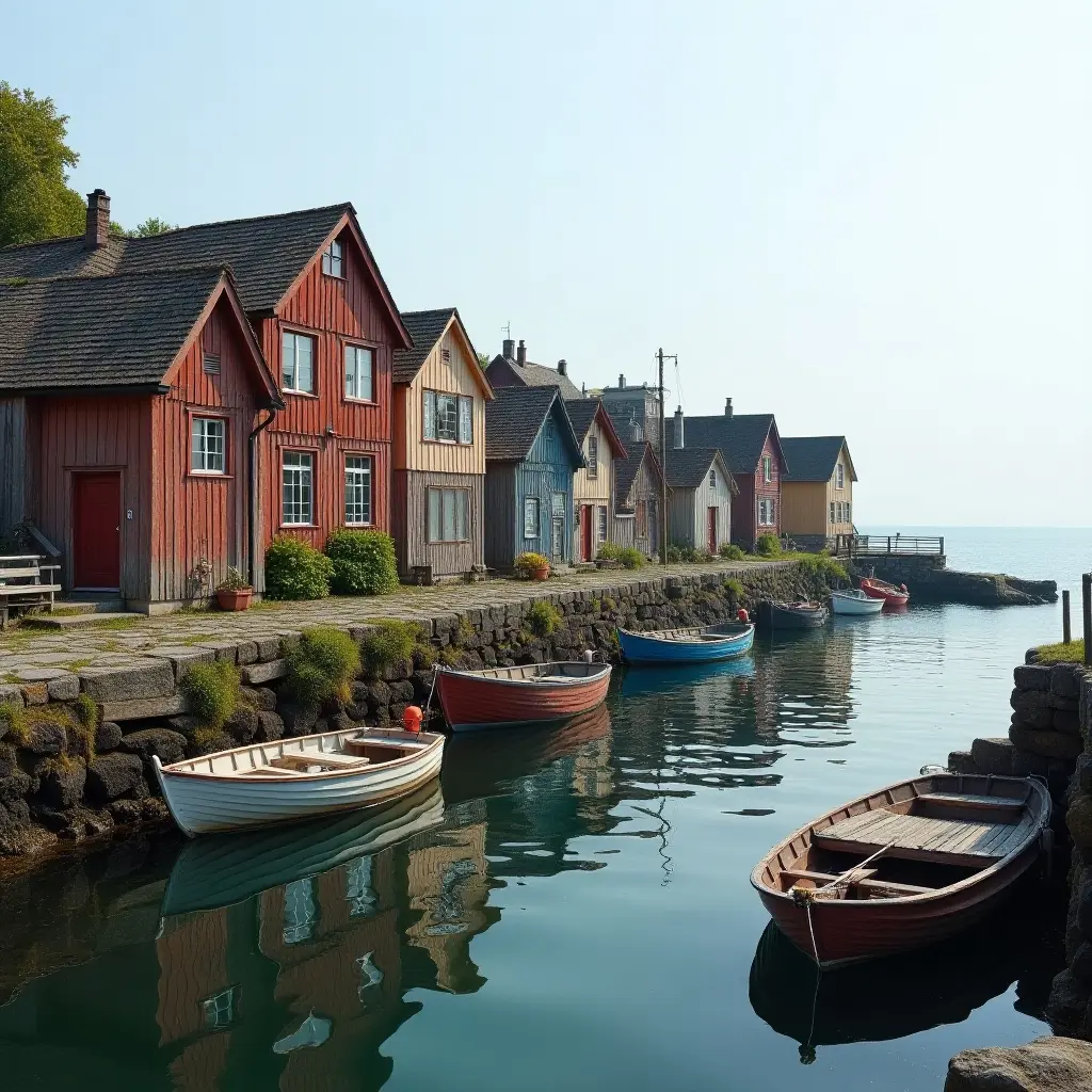 Quaint waterfront houses with colorful boats along a calm river.