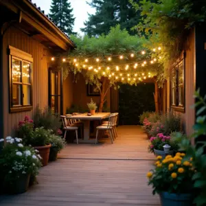 Cozy outdoor patio with string lights, plants, and a wooden dining table.