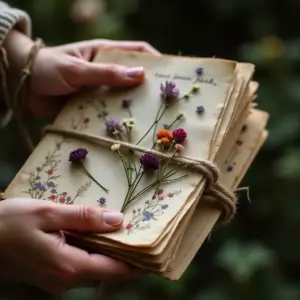 Hands holding a stack of vintage letters tied with twine, adorned with colorful dried flowers.