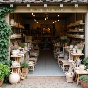 Artisan shop entrance showcasing pottery and decor items. Cozy and inviting atmosphere with plants and handcrafted furniture.