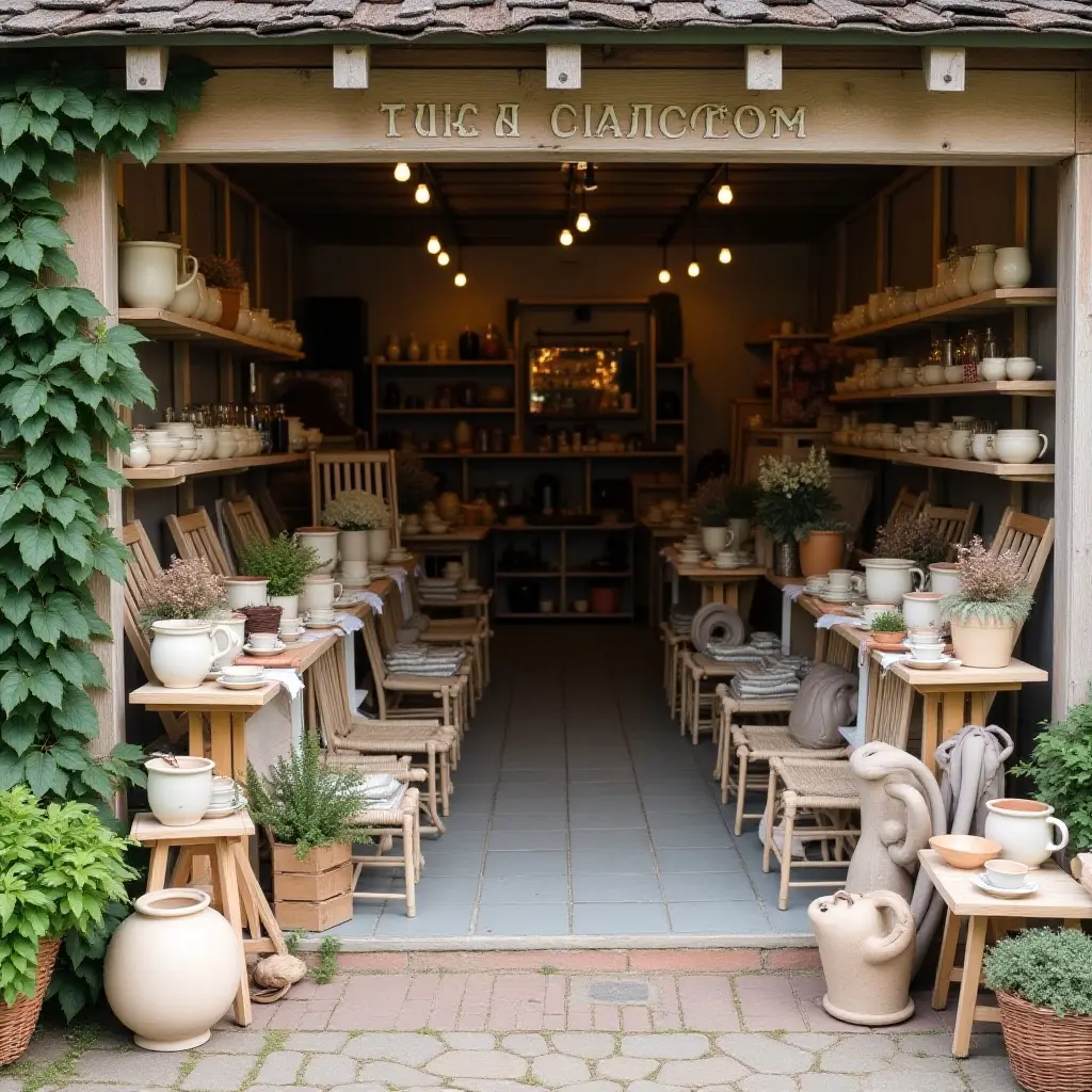 Artisan shop entrance showcasing pottery and decor items. Cozy and inviting atmosphere with plants and handcrafted furniture.