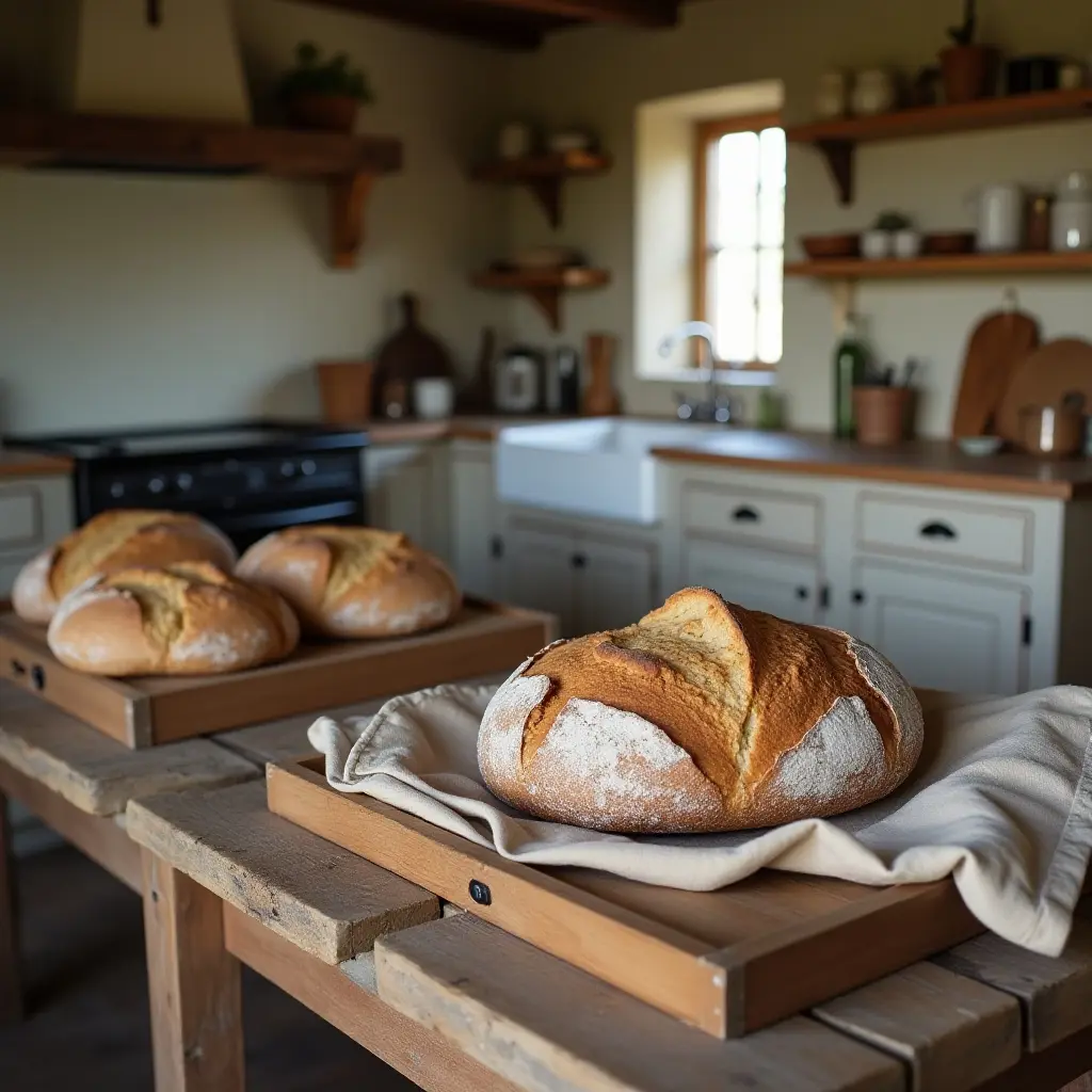 Freshly baked loaves of bread resting on wooden trays in a rustic kitchen.