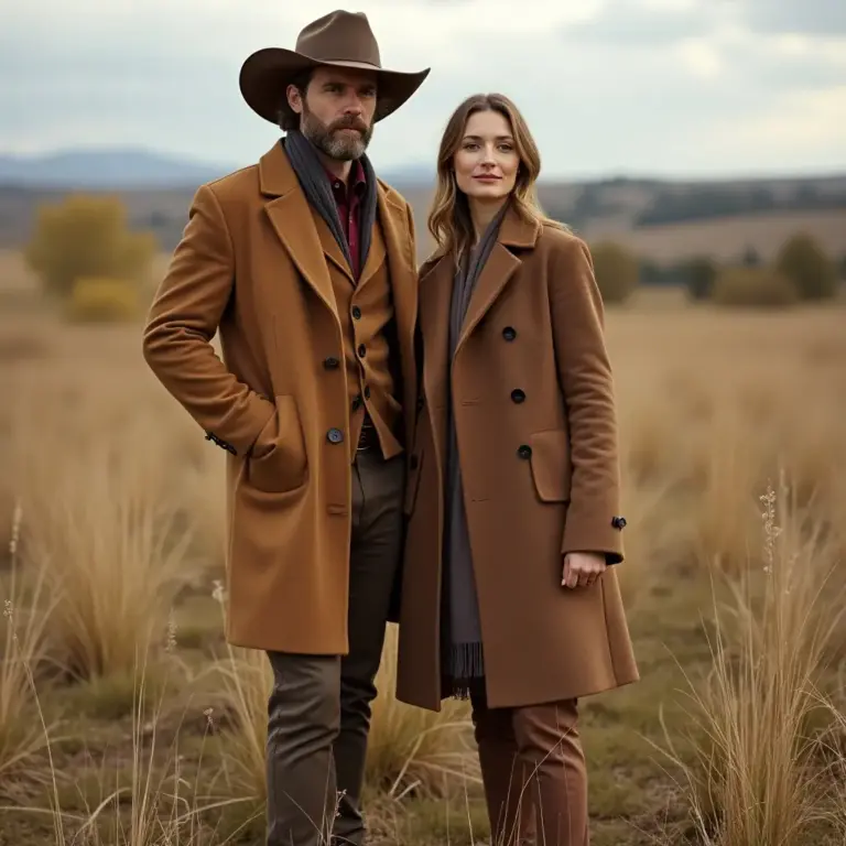 Couple in stylish brown coats standing in a field, with a mountainous backdrop.