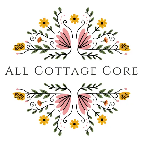 An elegant, floral-inspired logo for All Cottage Core, featuring a symmetrical arrangement of pink, yellow, and green botanical elements around the text. The design includes stylized leaves, blossoms, and decorative swirls that evoke a whimsical, nature-inspired cottagecore aesthetic. The text is in a classic serif font, adding a touch of timeless charm to the overall look