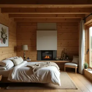 Cozy wood-paneled bedroom with a fireplace and a bed, featuring soft lighting and natural decor.