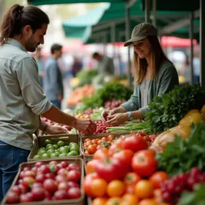 A farmer's market scene with two people selecting fresh produce.