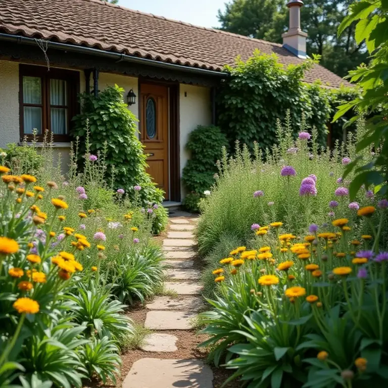 Charming cottage path bordered by vibrant flowers and greenery.