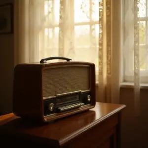 Vintage radio on a wooden table by a sunlit window with lace curtains.