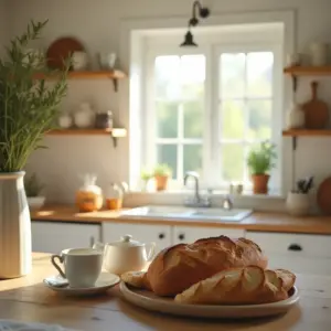 Fresh bread and tea set on a wooden kitchen table, with a sunny window view and green plants.