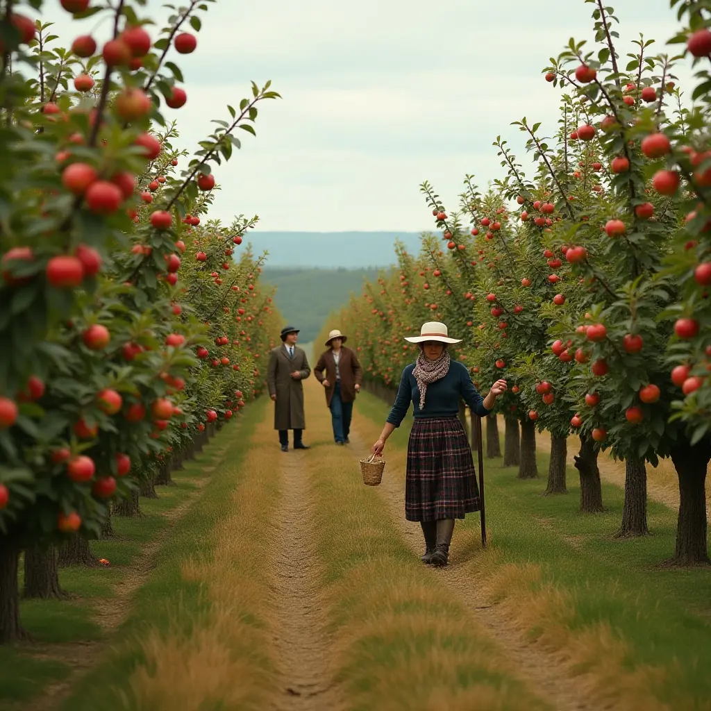 Woman walking through apple orchard, carrying basket, with two people in the background. Rows of apple trees on both sides.