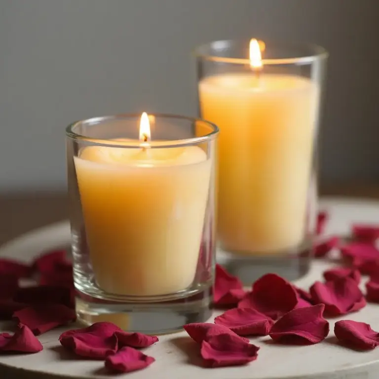 Two lit candles surrounded by pink rose petals on a wooden surface.