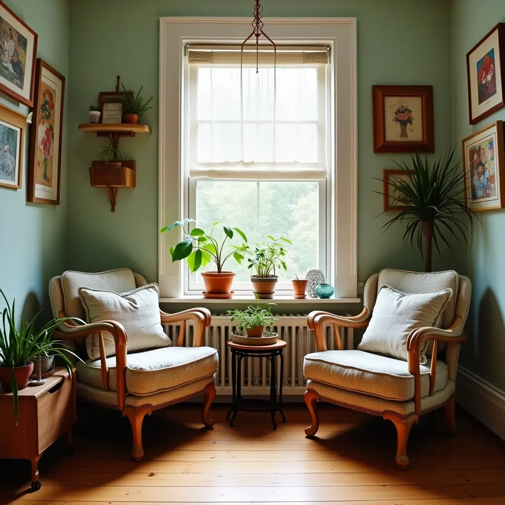 Cozy seating area with plants, artwork, and natural light.