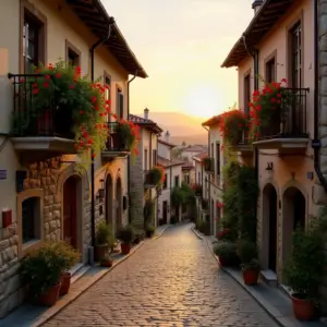 Charming cobblestone street lined with flowering balconies at sunset.