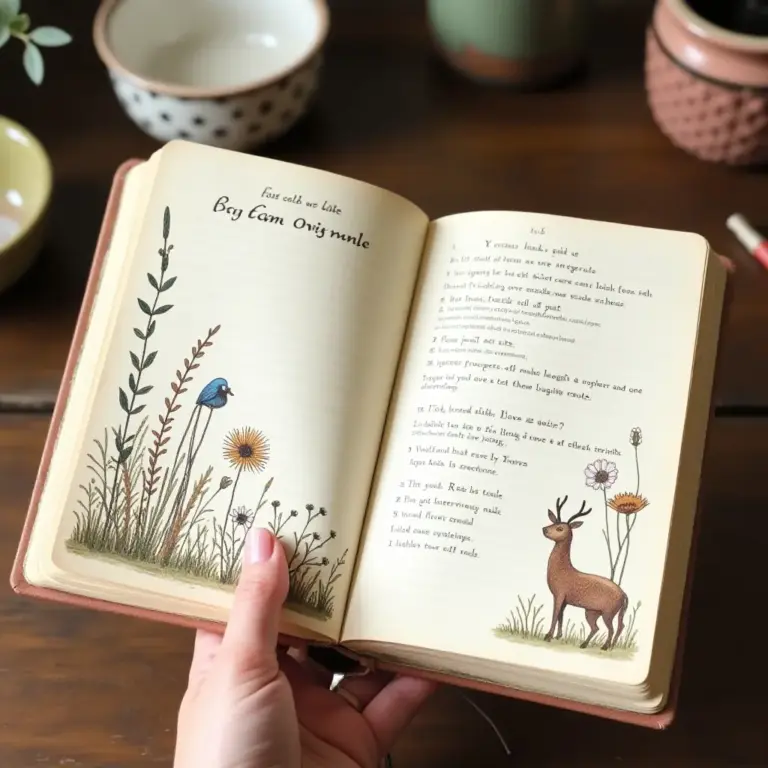 An open book held in a person's hand, featuring illustrated pages. The left page has the title "Bey Earn Originals" surrounded by delicate illustrations of grass, flowers, and a small blue bird. The right page contains handwritten text with a list and is adorned with a drawing of a deer standing near flowers. In the background, there are blurred pottery bowls on a wooden table.