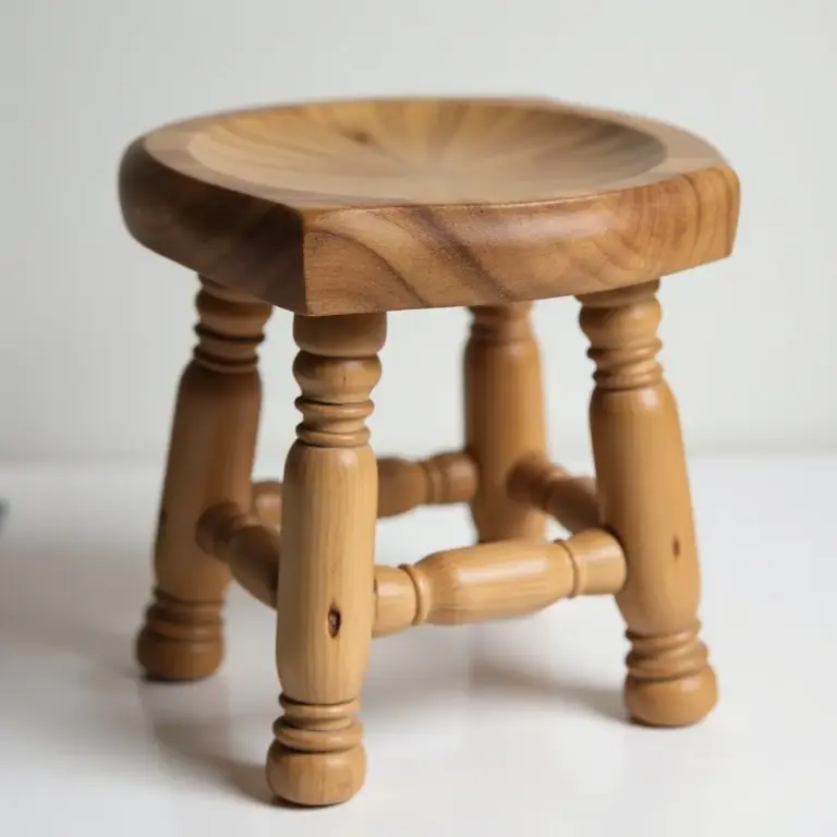 Small wooden stool with a round, smooth seat and turned legs.