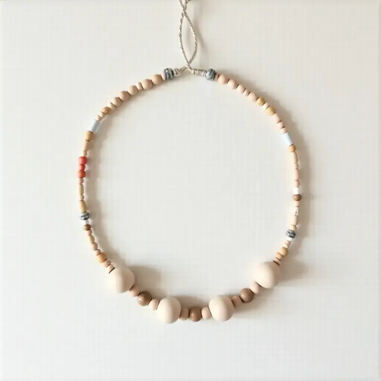 A simple beaded necklace featuring wooden beads and a natural color palette.