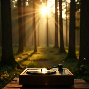 A vintage record player in a sunlit forest setting.