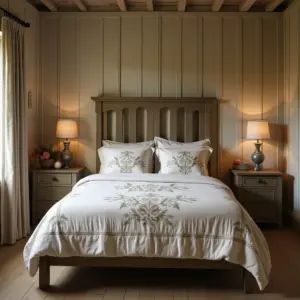 Cozy bedroom with a wooden bed, floral bedding, and soft lamps.