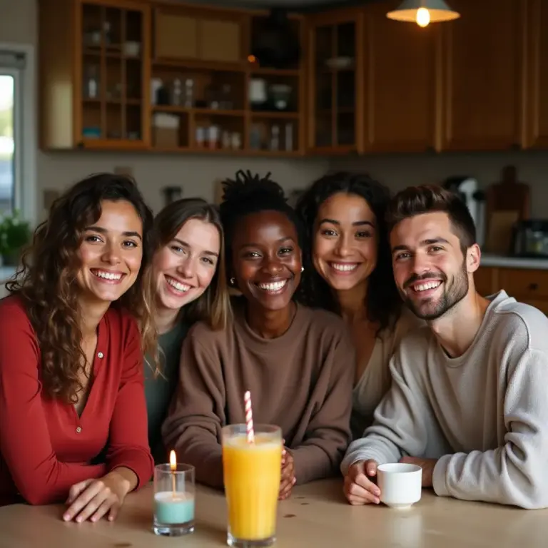 Five friends smiling together at a table with drinks, in a cozy kitchen setting.