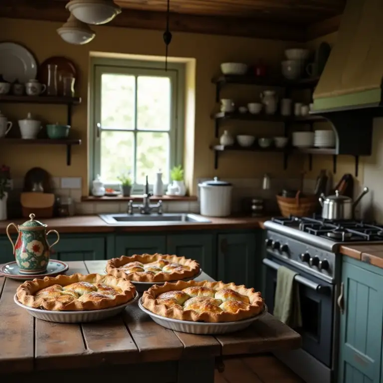 Three fruit pies on a rustic kitchen table, with shelves and cookware in the background. Cozy and inviting atmosphere.