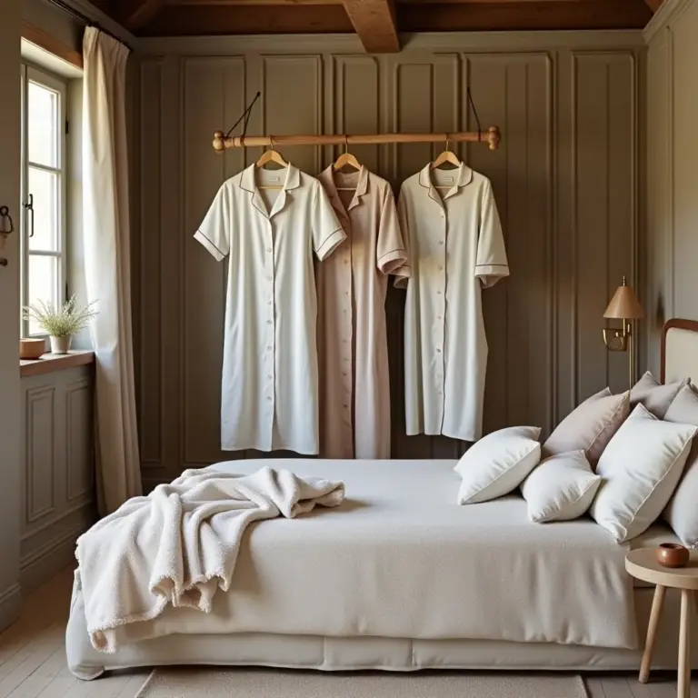 Three elegant shirts hang on a rack above a neatly made bed in a cozy, softly lit room.