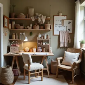 Cozy home office with a wooden desk, chair, and decorative plants and baskets. Neutral color palette, warm ambiance.