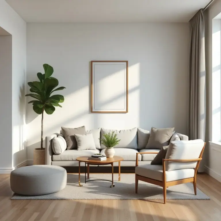 Cozy living room with gray furniture, plants, and soft natural light.