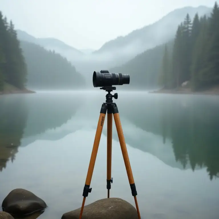 A tripod with a camera lens facing a misty lake and mountains.