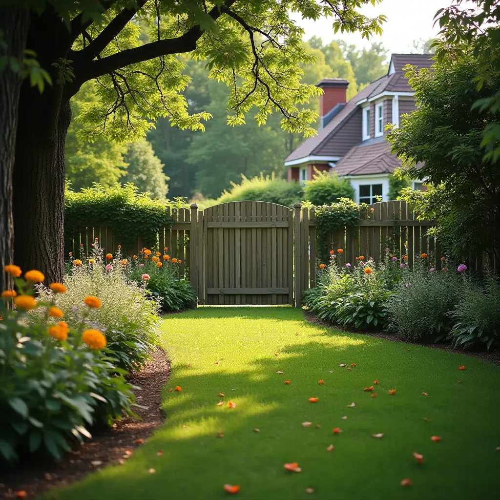 Lush garden path leading to a wooden gate, surrounded by colorful flowers and greenery. Cozy house in the background.