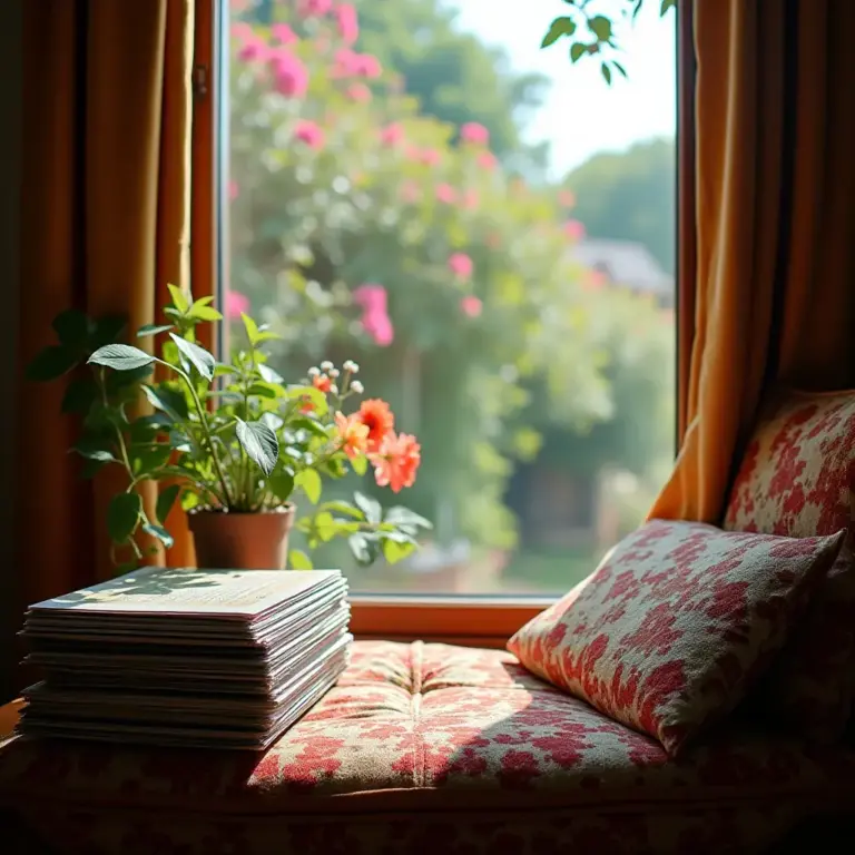 Cozy window seat with magazines and potted plants, sunlit garden outside.