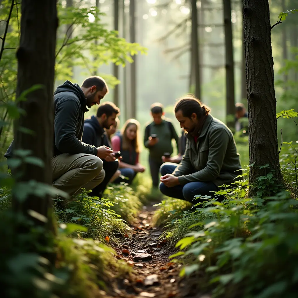 Group of people crouching in a forest, focused on their devices, surrounded by greenery and soft sunlight.