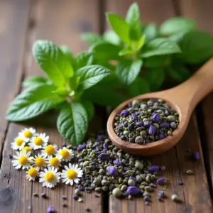 Vegetable seeds mixed with flowers and fresh green herbs on a wooden surface.