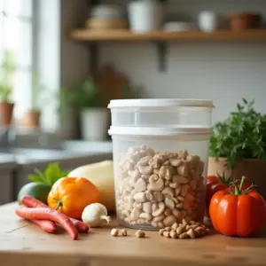 Clear container of nuts surrounded by fresh vegetables on a wooden table.